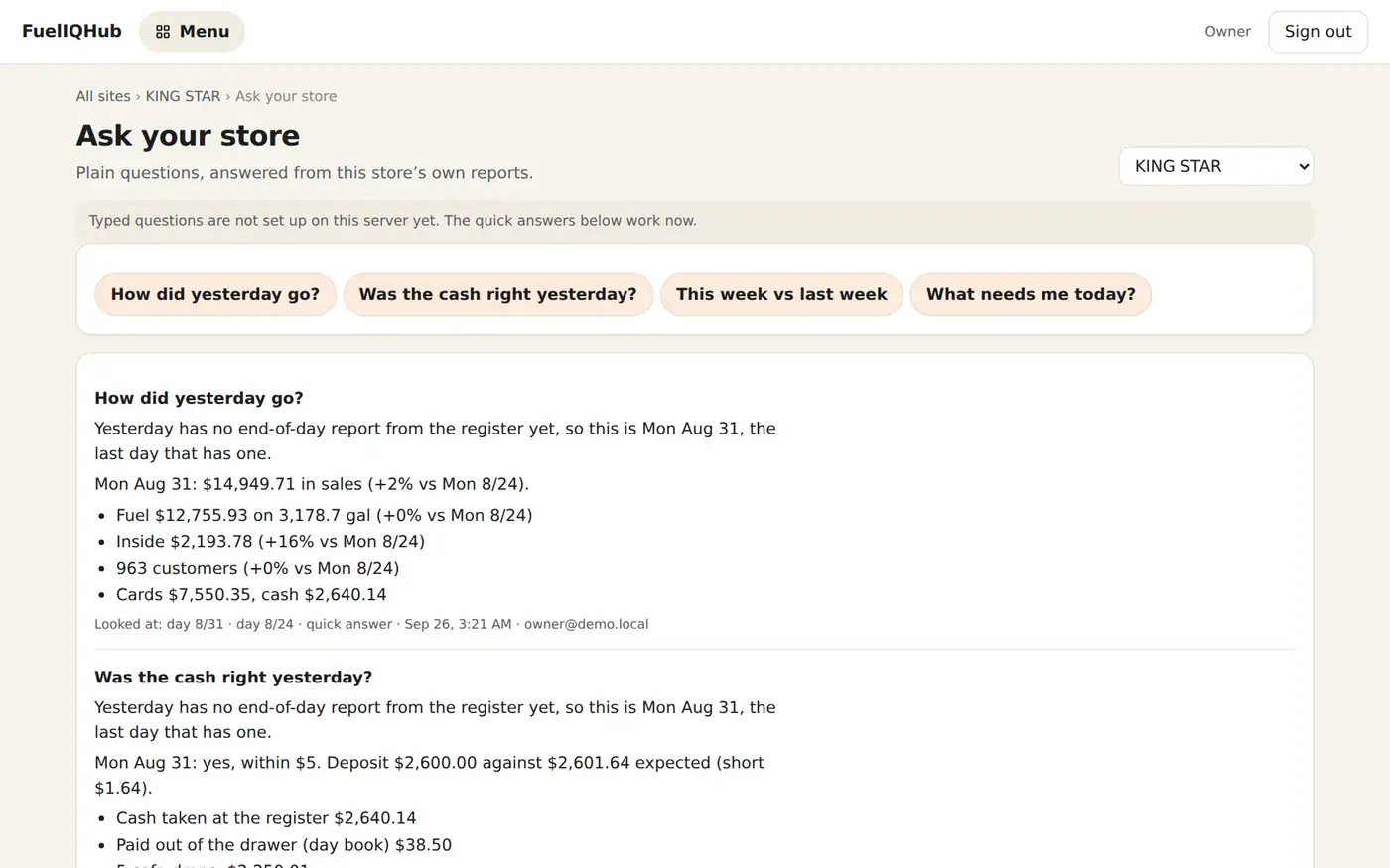 Ask your store: quick questions and answers about yesterday's sales and whether the cash was right.