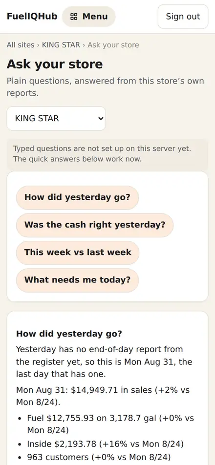 Ask your store on a phone, with quick questions and an answer about yesterday.