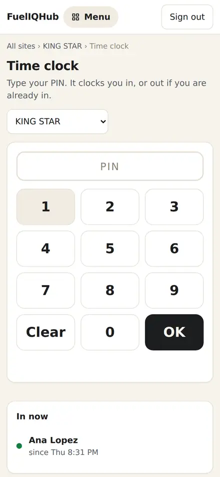 Time clock on a phone: a PIN pad and who is clocked in now.