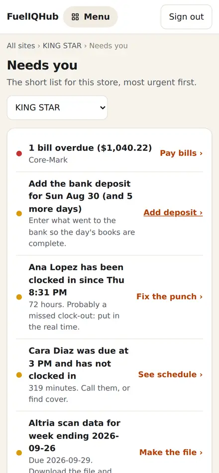 Needs you on a phone: an overdue bill, a missing bank deposit, a forgotten clock-out and a scan file due.